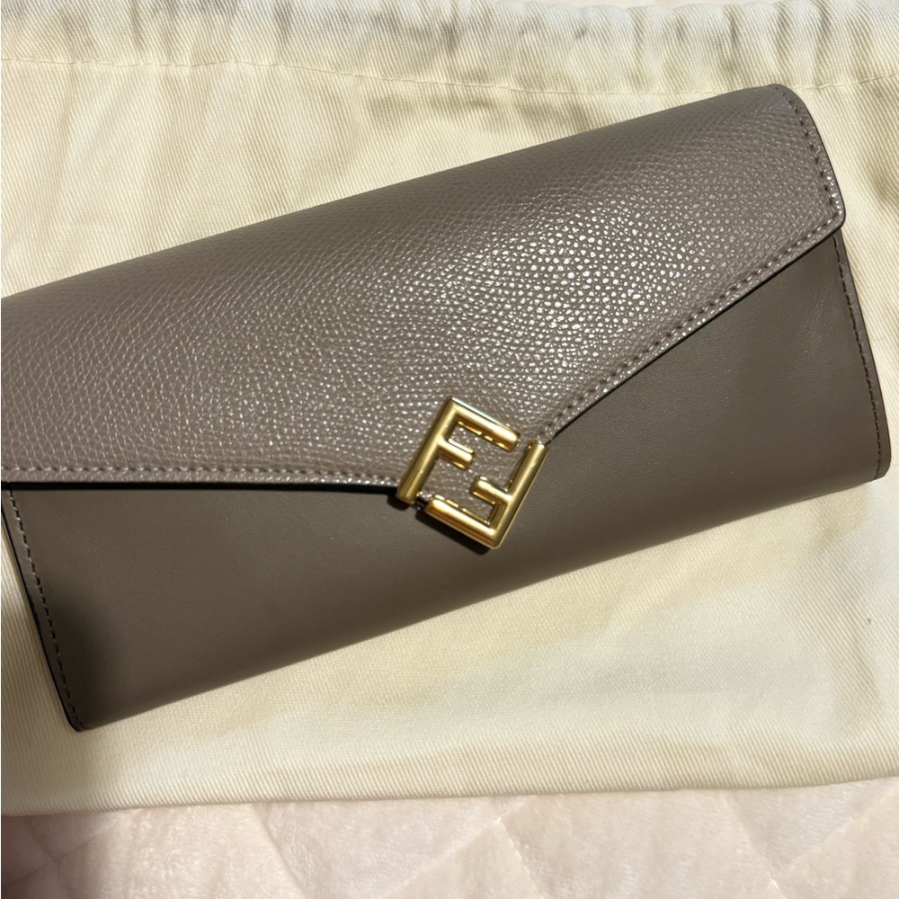 Fendi Taupe Leather Clutch with Gold Accent